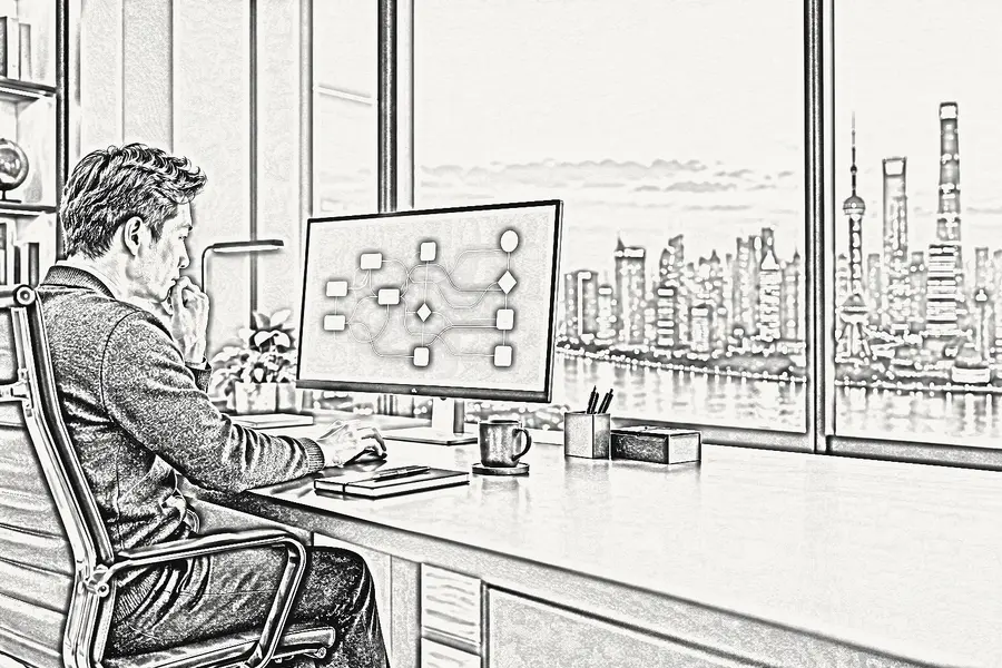 钢笔线稿:运营人员在工位上查看业务工作流节点图,窗外是陆家嘴